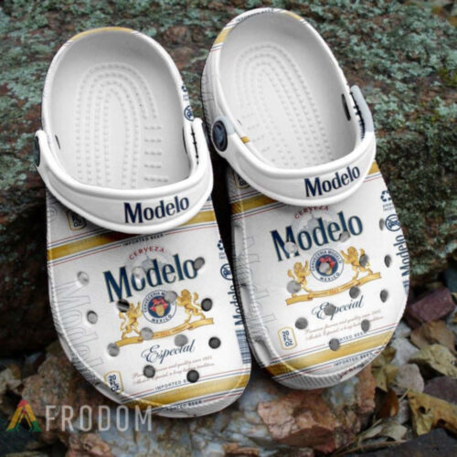 Modelo Beer Logo W Lion Pattern Crocs Classic Clogs Shoes In White & Yellow