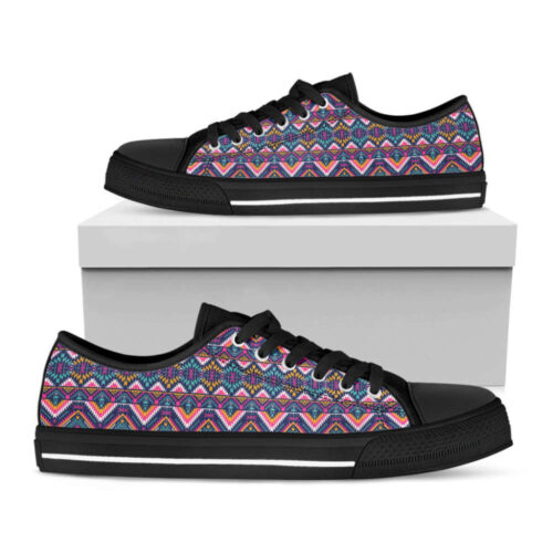 Native American Navajo Tribal Print Black Low Top Shoes, Gift For Men And Women