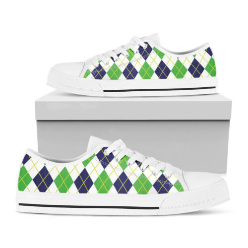 Navy Green And White Argyle Print White  Low Top Shoes, Best Gift For  Men And Women