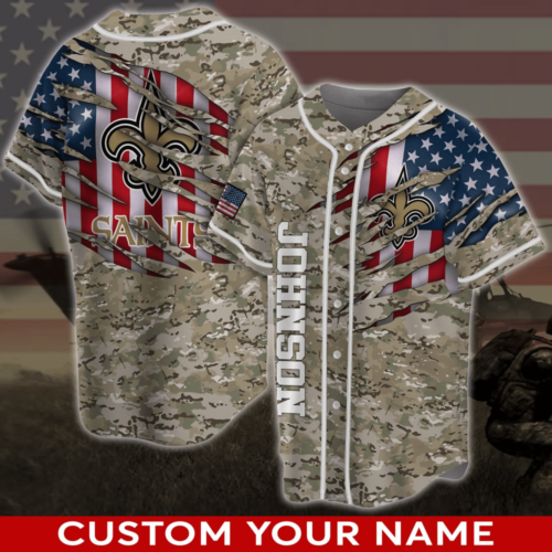 New Orleans Saints NFL US Flag Personalized Name Baseball Jersey Shirt Camo  For Men Women