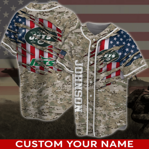 New York Jets NFL US Flag Personalized Name Baseball Jersey Shirt Camo  For Men And Women
