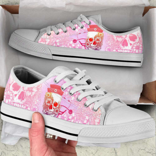 Nurse Skull With Flower Pink Low Top Shoes Canvas Sneakers Comfortable Casual Shoes For Men Women