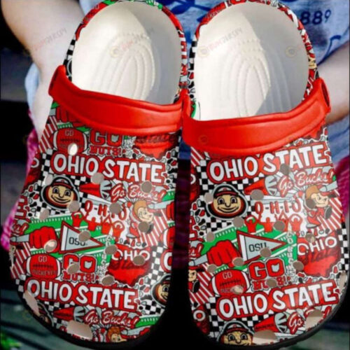 Ohio State Stickers Pattern Crocs Classic Clogs Shoes In Red & White