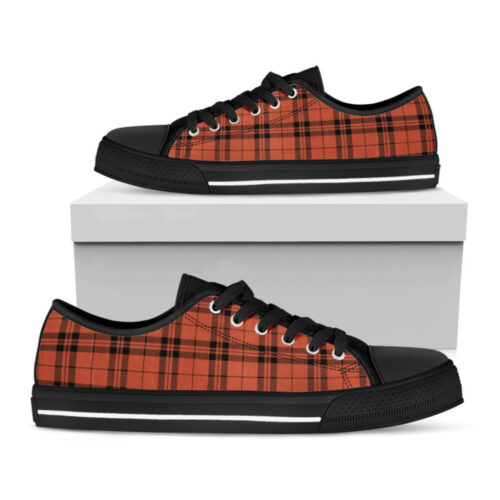 Orange And Black Tartan Pattern Print Black Low Top Shoes, Best Gift For Men And Women