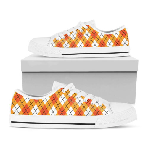 Orange And White Argyle Pattern Print White Low Top Shoes, Best Gift For Men And Women