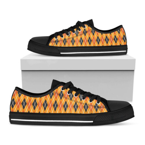 Orange Halloween Argyle Pattern Print Black Low Top Shoes, Gift For Men And Women
