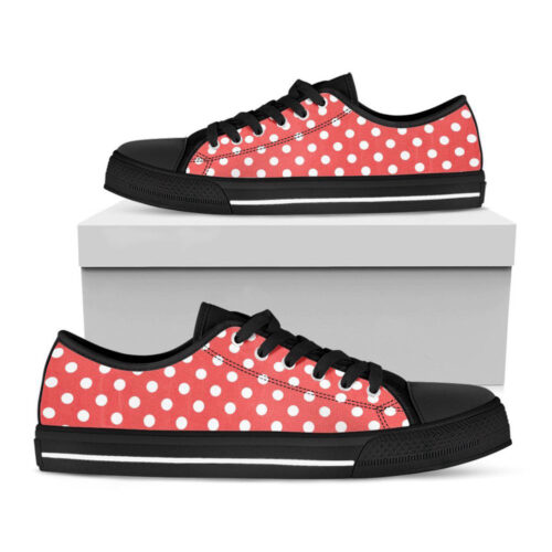 Pastel Red And White Polka Dot Print Black Low Top Shoes, Best Gift For Men And Women