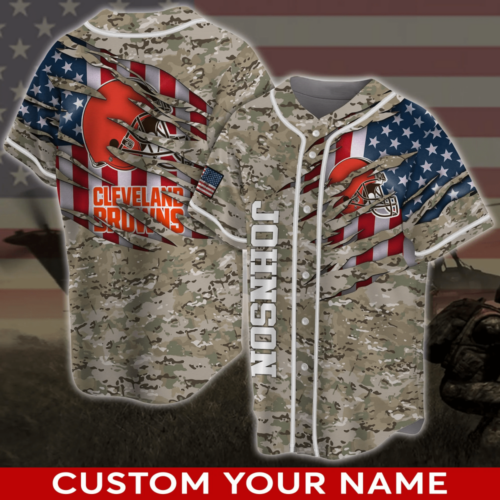 Personalized Cleveland Browns NFL Baseball Jersey Shirt With Camo and US Flag  For Men And Women