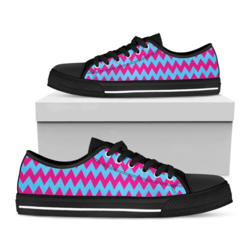 Pink And Blue Chevron Pattern Print Black Low Top Shoes, Gift For Men And Women