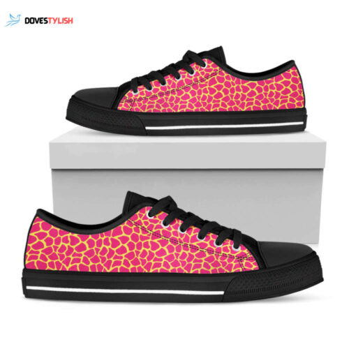Pink And Yellow Giraffe Pattern Print Black Low Top Shoes, Best Gift For Men And Women
