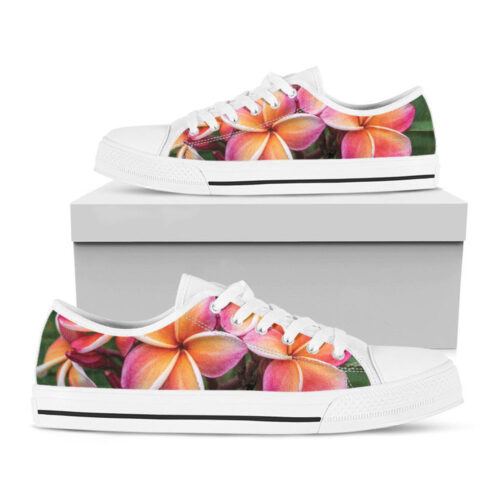 Pink And Yellow Plumeria Flower Print White Low Top Shoes, Best Gift For Men And Women