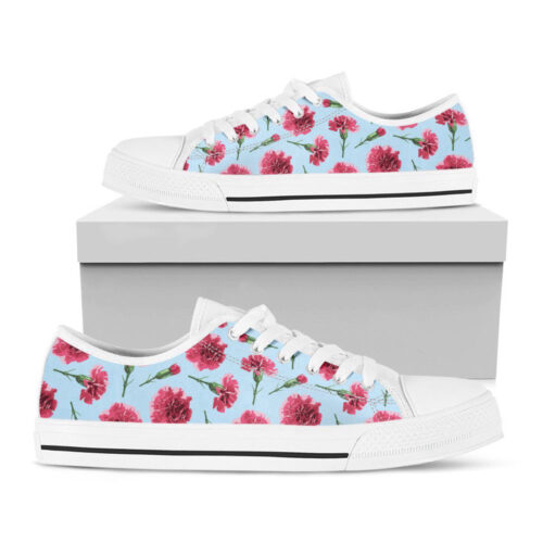 Pink Carnation Pattern Print White Low Top Shoes, Best Gift For Men And Women