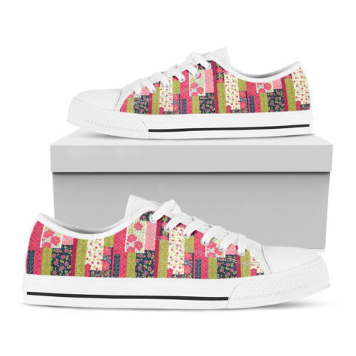 Pink Flower Patchwork Pattern Print White Low Top Shoes For Men And Women