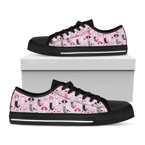 Pink Girly Mermaid Pattern Print Black Low Top Shoes, Best Gift For Men And Women