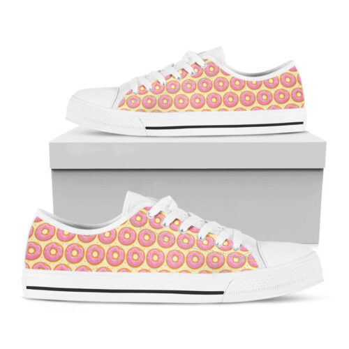 Pink Glazed Donut Pattern Print White Low Top Shoes For Men And Women