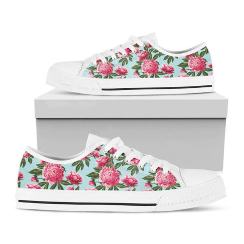 Pink Peony Pattern Print White Low Top Shoes For Men And Women