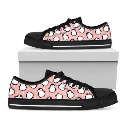 Pink Polka Dot Penguin Pattern Print Black Low Top Shoes, Best Gift For Men And Women