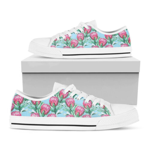 Pink Protea Pattern Print White Low Top Shoes, Best Gift For Men And Women