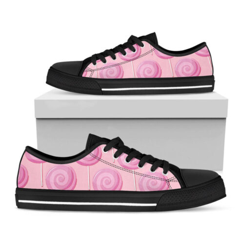 Pink Swirl Lollipop Pattern Print Black  Low Top Shoes, Best Gift For  Men And Women