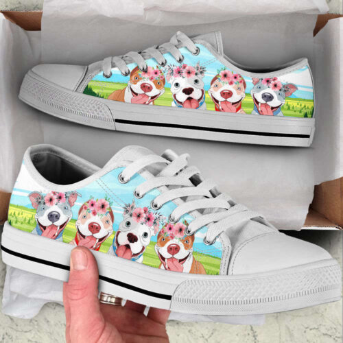 Pitbull Dog Floral Wreath Low Top Shoes Canvas Sneakers Casual Shoes, Dog Mom Gift