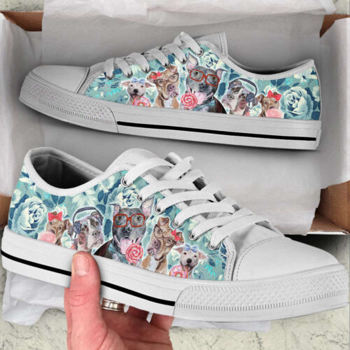Pitbull Dog Flowers Pattern Low Top Shoes Canvas Sneakers Casual Shoes, Dog Mom Gift