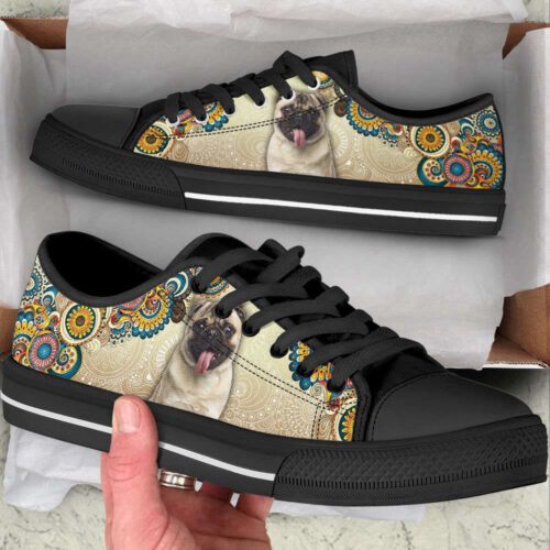 Pug Dog Ethnic Floral Pattern Low Top Shoes Canvas Sneakers Casual Shoes For Men And Women