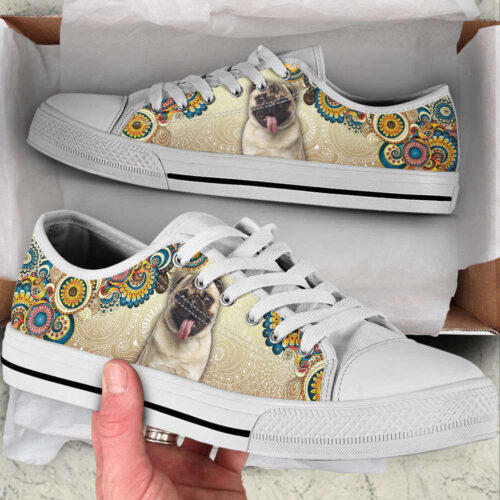 Pug Dog Ethnic Floral Pattern Low Top Shoes Canvas Sneakers Casual Shoes For Men And Women