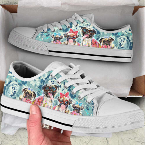 Pug Dog Flowers Low Top Shoes Canvas Sneakers Casual Shoes, Dog Mom Gift