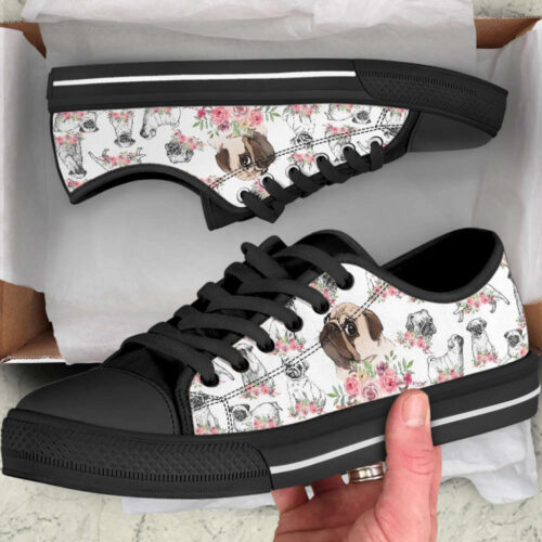 Pug Dog Watercolor Flower Low Top Shoes Canvas Sneakers Casual Shoes, Dog Mom Gift