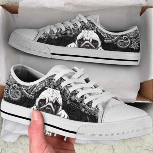 Pug Paisley Black White Low Top Shoes Canvas Sneakers Casual Shoes For Men And Women