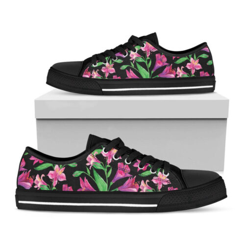 Purple Alstroemeria Pattern Print Black Low Top Shoes, Best Gift For Men And Women