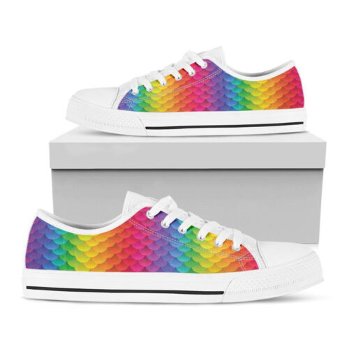 Rainbow Mermaid Scale Pattern Print White Low Top Shoes, Gift For Men And Women