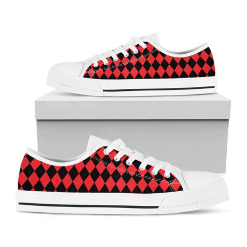 Red And Black Harlequin Pattern Print White Low Top Shoes, Gift For Men And Women