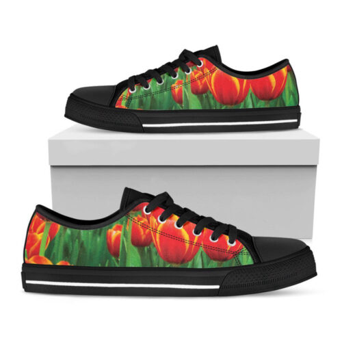 Red And Yellow Tulip Print Black Low Top Shoes, Best Gift For Men And Women
