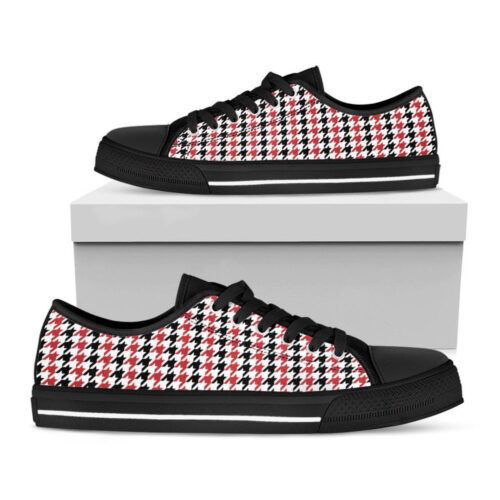 Red Black And White Houndstooth Print Black Low Top Shoes, Best Gift For Men And Women