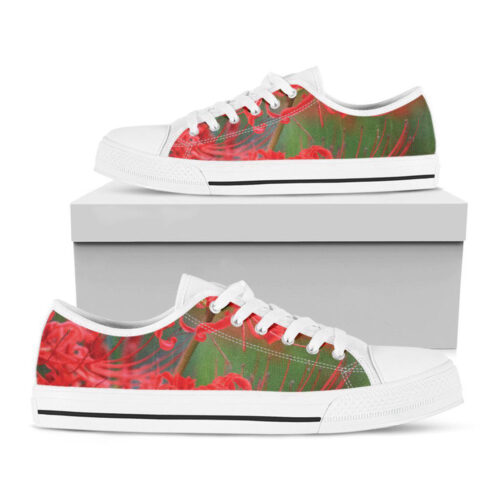 Red Japanese Amaryllis Print White Low Top Shoes, Gift For Men And Women