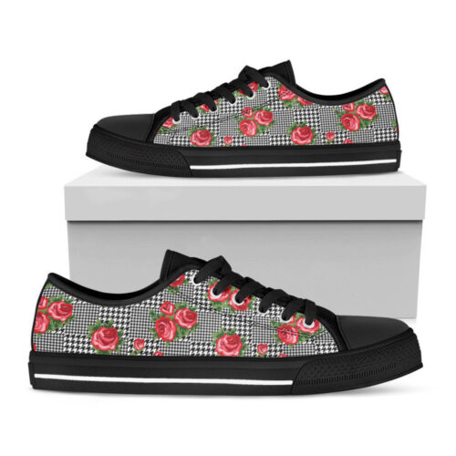 Red Roses Houndstooth Pattern Print Black Low Top Shoes, Best Gift For Men And Women