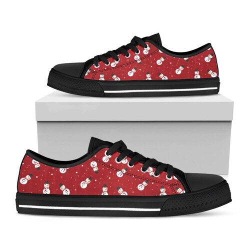 Red Snowman Pattern Print Black Low Top Shoes For Men And Women