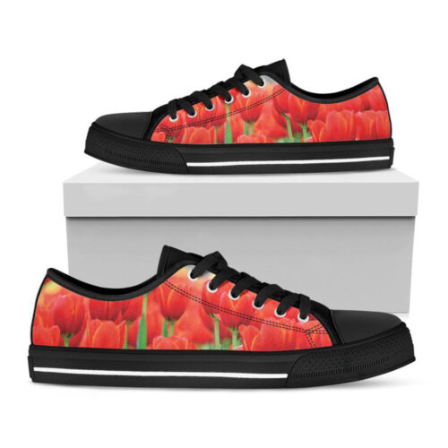 Red Tulip Print Black Low Top Shoes, Gift For Men And Women