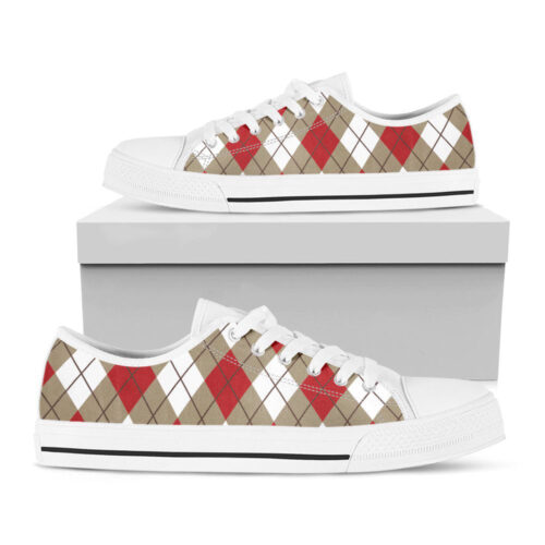 Red White And Beige Argyle Pattern Print White Low Top Shoes, Best Gift For Men And Women