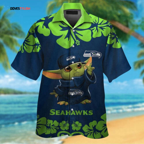 Seattle Seahawks Baby Yoda  Button Up Tropical Aloha Hawaiian Shirt Set For Men Women Kids