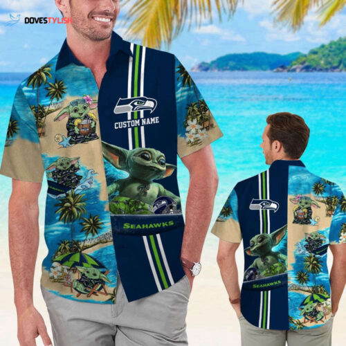 Seattle Seahawks Baby Yoda Name Personalized  Button Up Tropical Aloha Hawaiian Shirt Set For Men Women