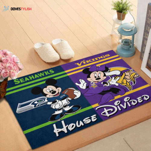 Seattle Seahawks vs Minnesota Vikings Mickey And Minnie Teams NFL House Divided Doormat, Gift For Home Decor