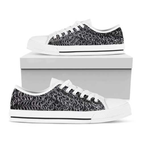 Silver Chainmail Print White Low Top Shoes, Gift For Men And Women