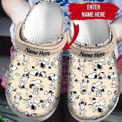 Snoopy Custom Name Pattern Crocs Classic Clogs Shoes In Beige