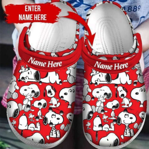 Snoopy Custom Name Pattern Crocs Classic Clogs Shoes In White & Red
