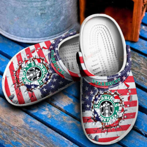 Starbucks American Flag Pattern Stripe Crocs Classic Clogs Shoes