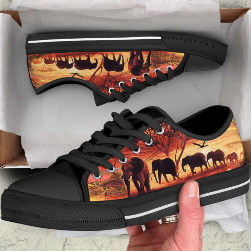 Sunset Elephants Painting Low Top Shoes Canvas Print Lowtop Casual Shoes Gift For Adults