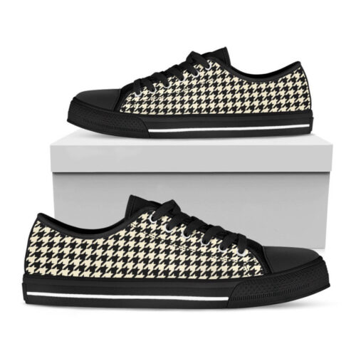 Tan And Black Houndstooth Pattern Print Black Low Top Shoes, Best Gift For Men And Women