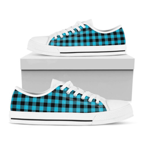 Turquoise And Black Buffalo Check Print White Low Top Shoes, Gift For Men And Women